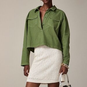J. Crew Popover Button cotton linen Army Green Boxy Crop Oversized Top M